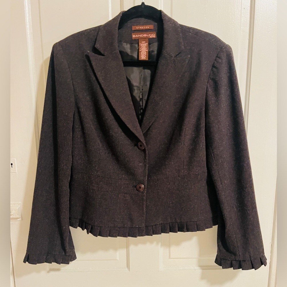 Bandolino Petite 12P Gray Wool Blend Ruffle Trim Stretch Blazer